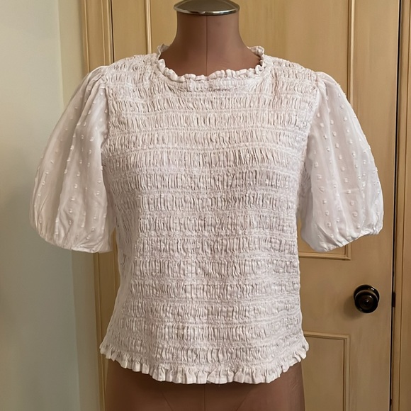 J. Crew Tops - J CREW Boho Coquette 100% Cotton Swiss Dot Smocked Bodice Ruffle Trim WHT Top XL